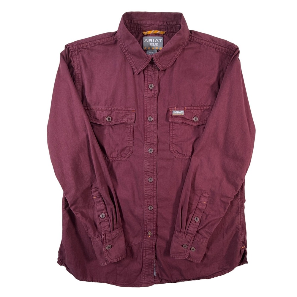 Ariat Rebar Womens Medium Relaxed Burgundy Long Sleeve Button Down Work Shirt